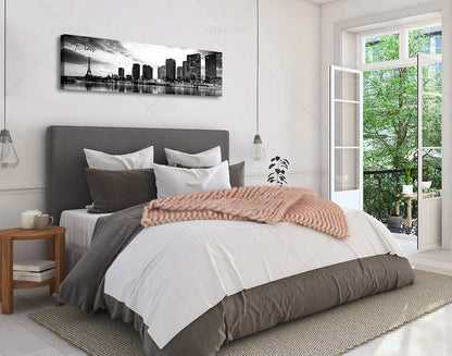 DJSYLIFE Paris Eiffel Tower Skyline Wall Art Black and White Modern City Night View Panoramic