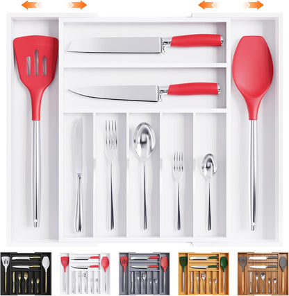 Bellsal Large Premium Bamboo Silverware Organizer - Expandable Utensil Drawer Organizer - 17"x19.6"