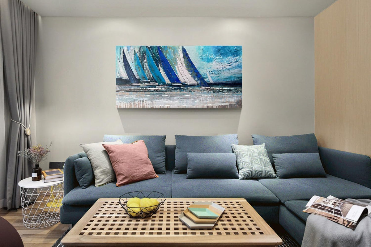 Arjun Blue Abstract Wall Art Canvas Teal Ocean Sailboat Picture Modern Turquoise Coastal Nautical
