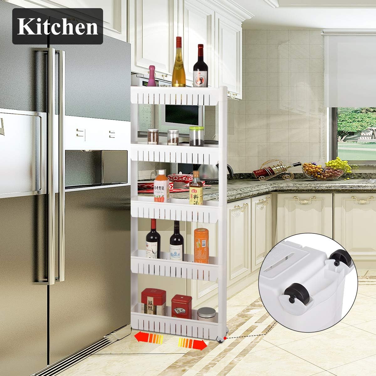 Laundry Room Organizer, Mobile Shelving Unit Organizer with 5 Large Storage Baskets, Gap Storage