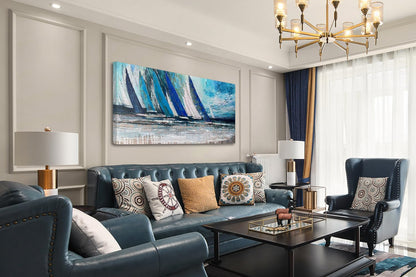 Arjun Blue Abstract Wall Art Canvas Teal Ocean Sailboat Picture Modern Turquoise Coastal Nautical