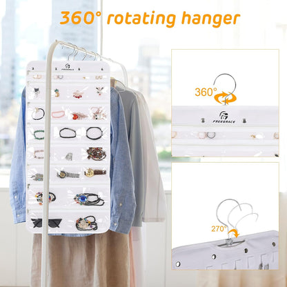 Freegrace Hanging Jewelry Organizer Revolving Hanger - Secure Zipper Closure - 50 Pockets