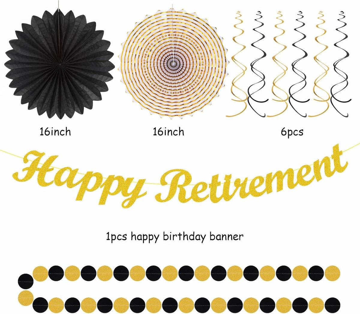 Black Gold Women-Men Happy-Retirement Party-Decorations - 21pcs Celebration Banner,Paper Streamers