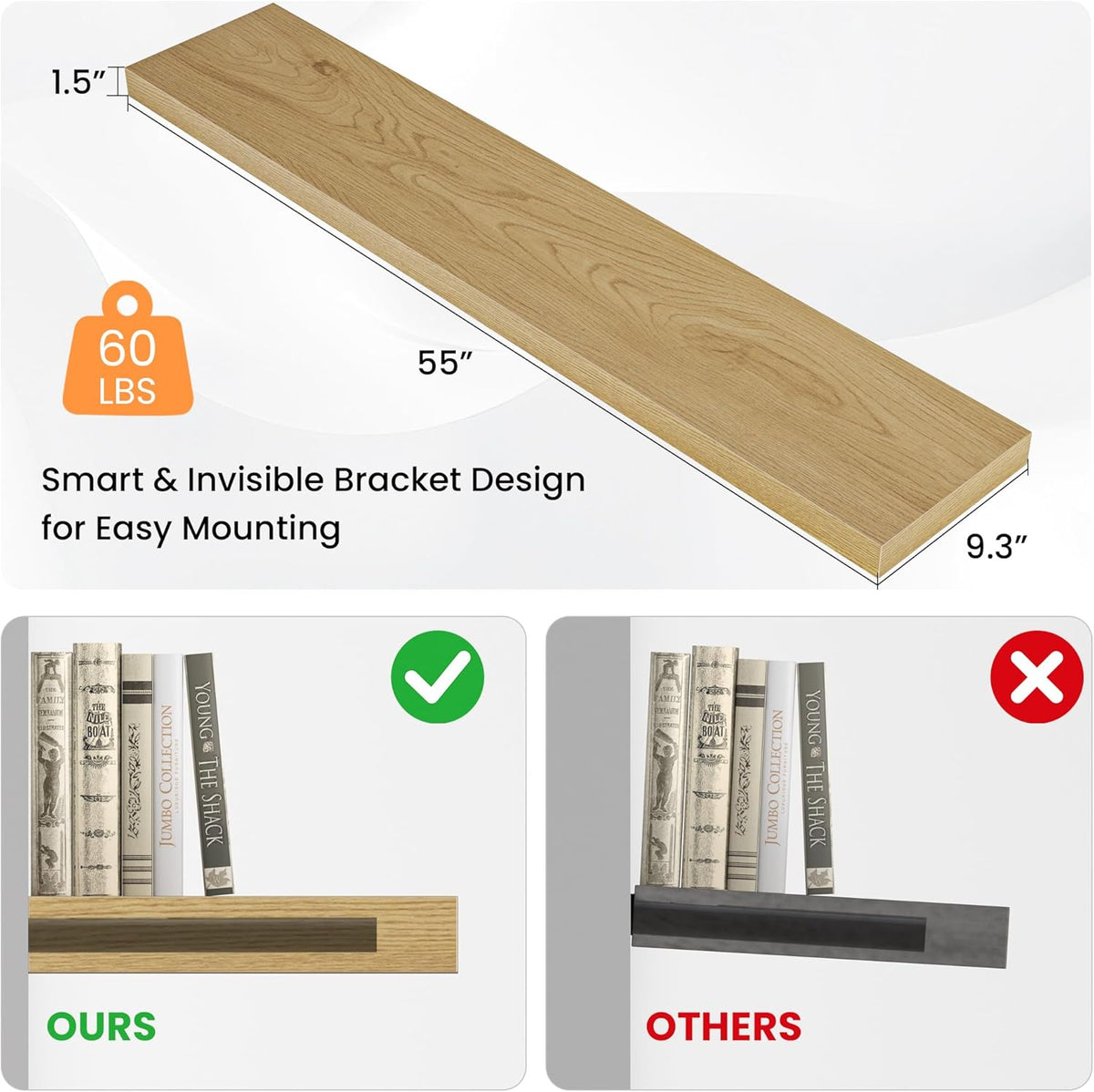 Floating Shelves for Wall, 55"W x 9.3"D x 1.5"H, Long Wooden Wall Mounted Display Shelves with