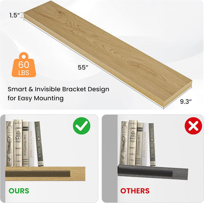 Floating Shelves for Wall, 55"W x 9.3"D x 1.5"H, Long Wooden Wall Mounted Display Shelves with