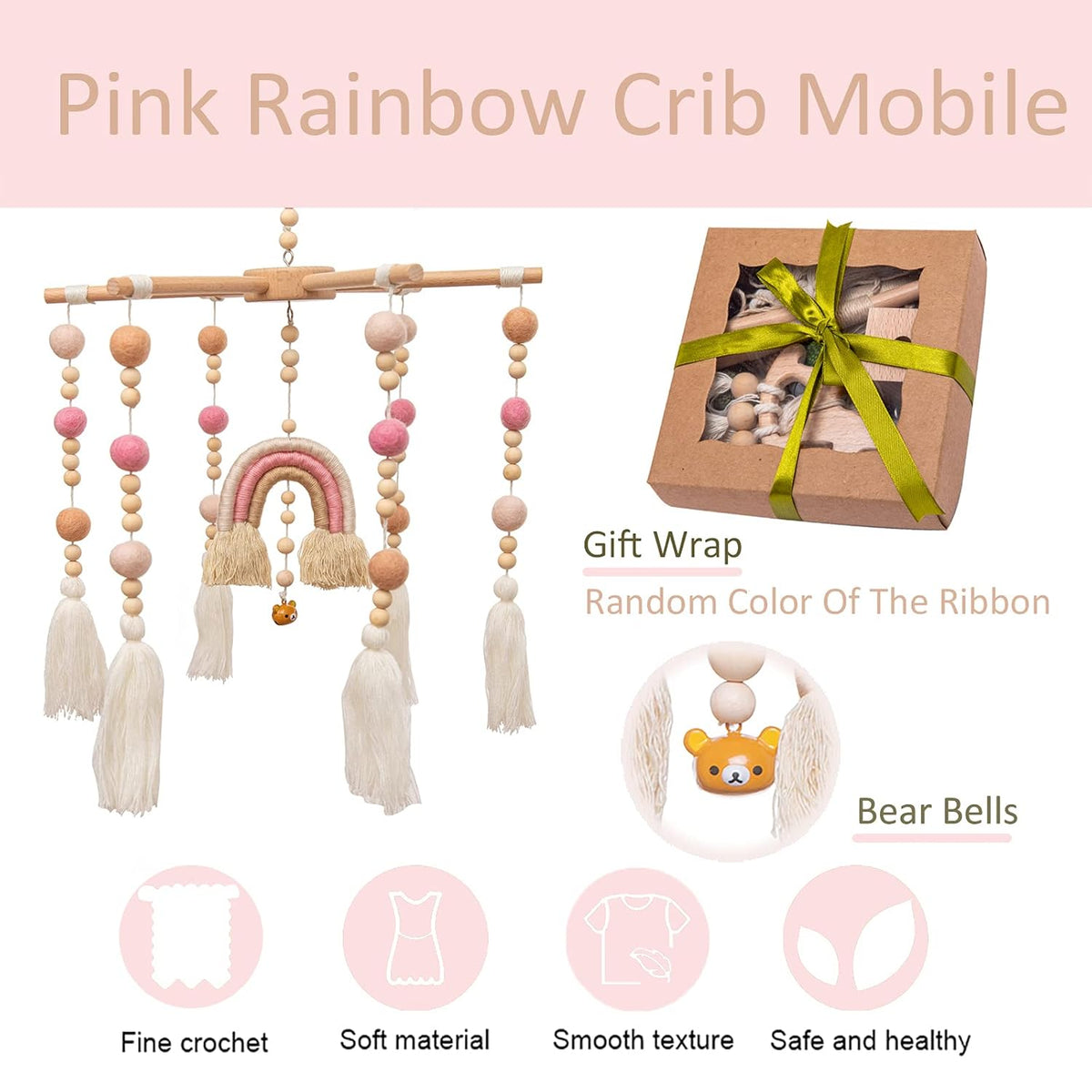 Baby Crib Mobile,Crib Mobile Wooden Mobile with Colorful Cotton Ball Wool Felt Ball Boho Baby