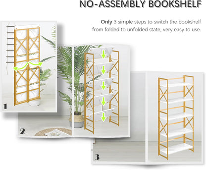 4NM 5 Tiers No Assembly Book Shelves, 51.2" H Folding Bookshelf Bookcase Open Industrial Foldable