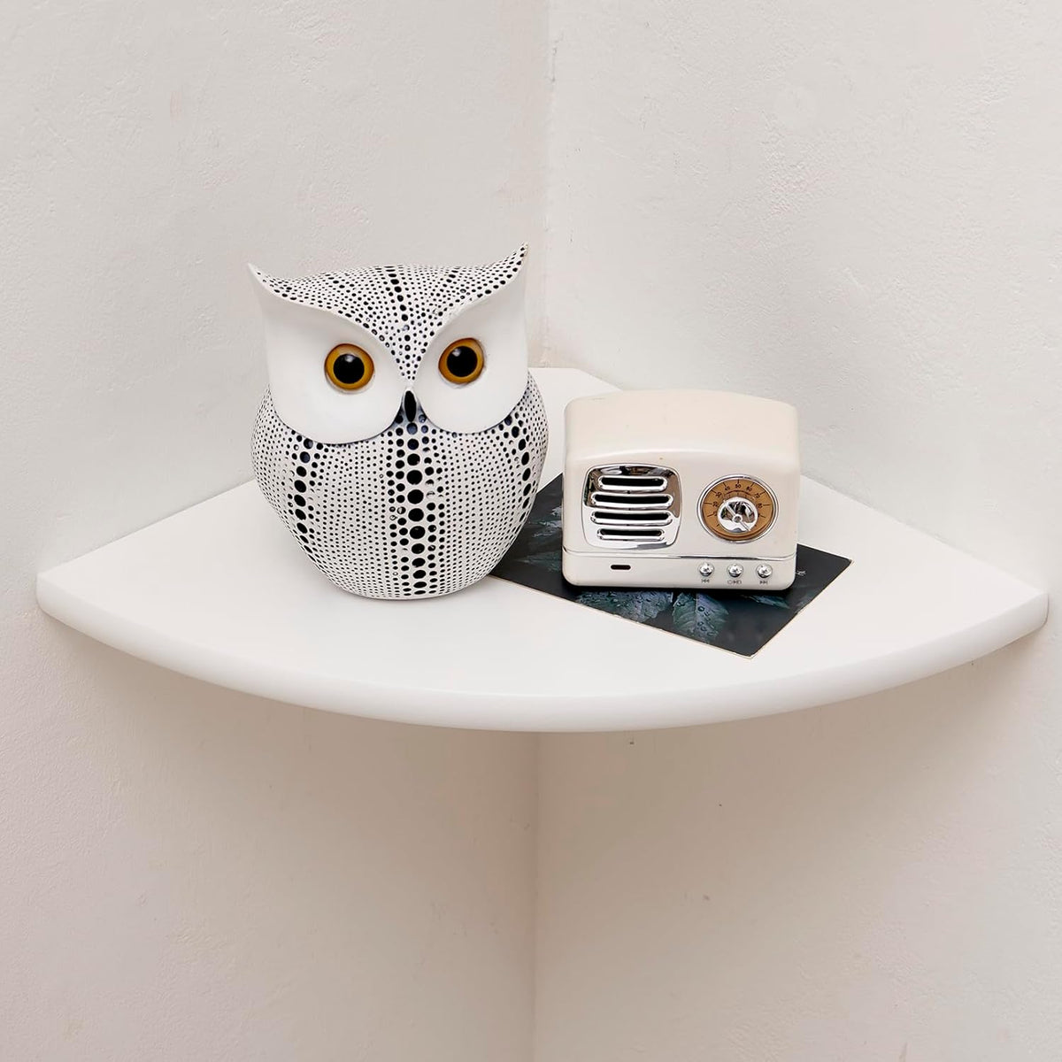 Corner Shelf, White Solid Oak Wood Floating Corner Shelves Wall Mount Round End Floating Speaker