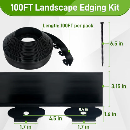 3.15" x 100' No Dig Landscape Edging, Flexible Garden Edging Borders with 90 Anchoring Spikes