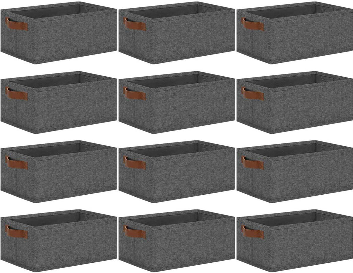 GhvyenntteS Small Fabric Storage Bins 12 Pack, 11.8" x 7.87" x 5.11" Storage Basket with Leather