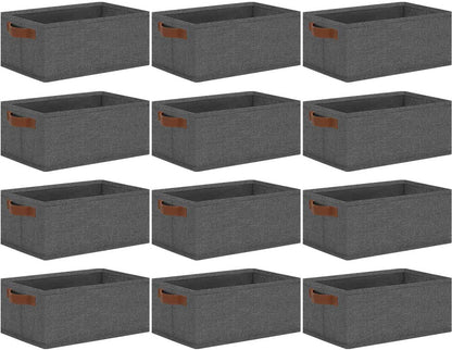 GhvyenntteS Small Fabric Storage Bins 12 Pack, 11.8" x 7.87" x 5.11" Storage Basket with Leather