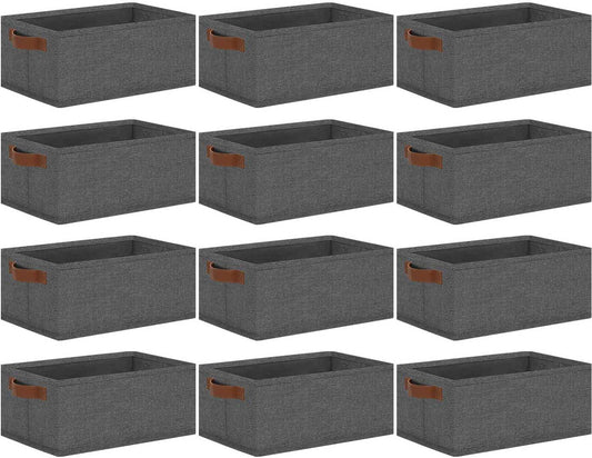 GhvyenntteS Small Fabric Storage Bins 12 Pack, 11.8" x 7.87" x 5.11" Storage Basket with Leather