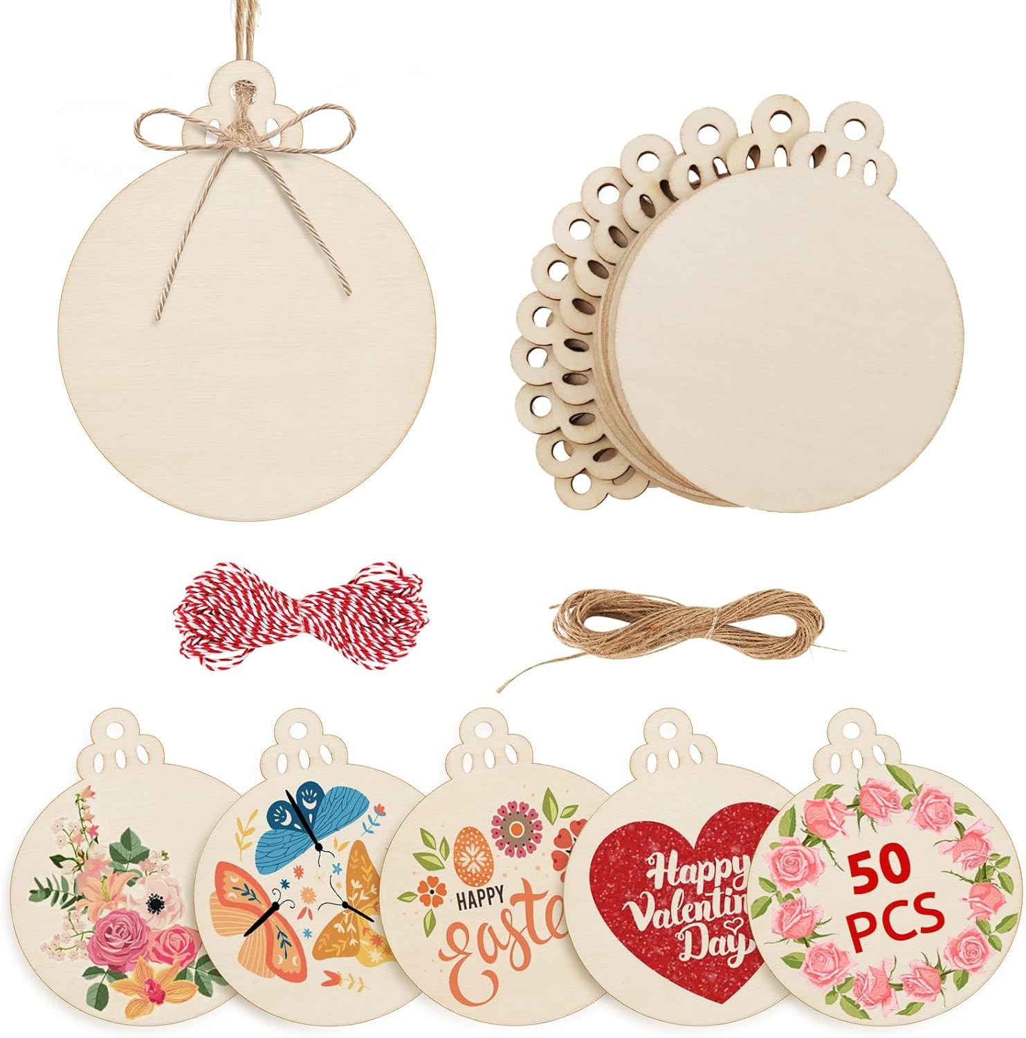 Philorn 50pcs Wooden Ornaments for Crafts 3.5" Unfinished DIY Wooden Christmas Ornaments