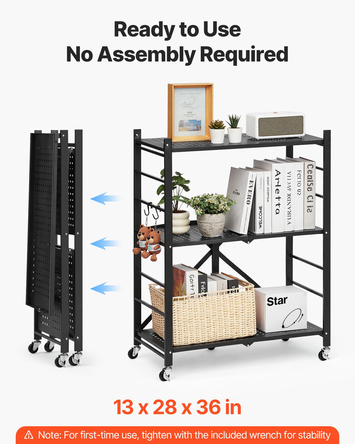 VEVOR 3-Tier Foldable Storage Shelf, 28W x 13D x 36H Inch Folding Metal Rack Shelving Unit, No