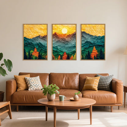Abstract Mountain Framed Canvas Wall Art Set, Forest Pine Tree Golden Sunset Wall Decor, Mixed