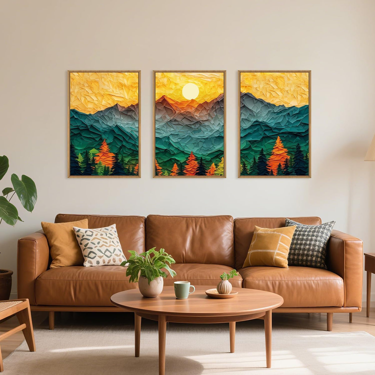 Celestdeco Abstract Mountain Framed Canvas Wall Art Set, Forest Pine Tree Golden Sunset Wall Decor