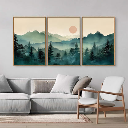 SIGNINART Large Mountain Framed Canvas Wall Art Set, Abstract Misty Forest Wall Decor, Foggy Nature