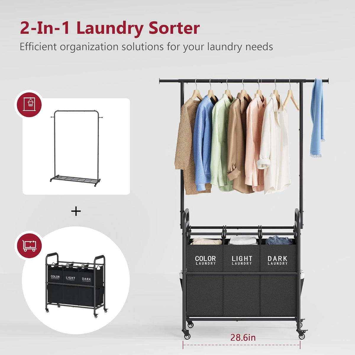 Tajsoon Laundry Sorter Cart with Hanging Rack, Laundry Sorter 3 Section, Laundry Hamper with Heavy