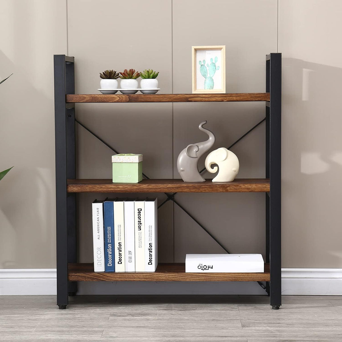 Natural Real Solid Wood Bookcase,3 Tier Metal and Wood Open Book Shelf Storage Farmhouse Wide