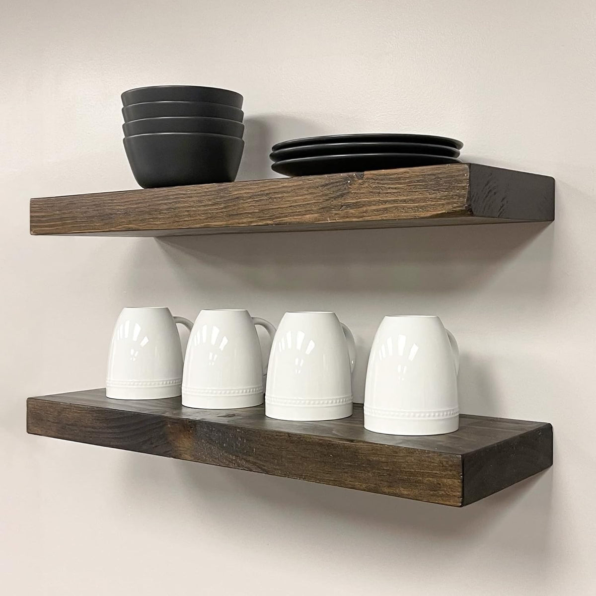 URBANDI, Rustic Floating Shelves, Set of 2, Hidden Bracket, Solid Wood, Heavy Duty, Wall Mounted