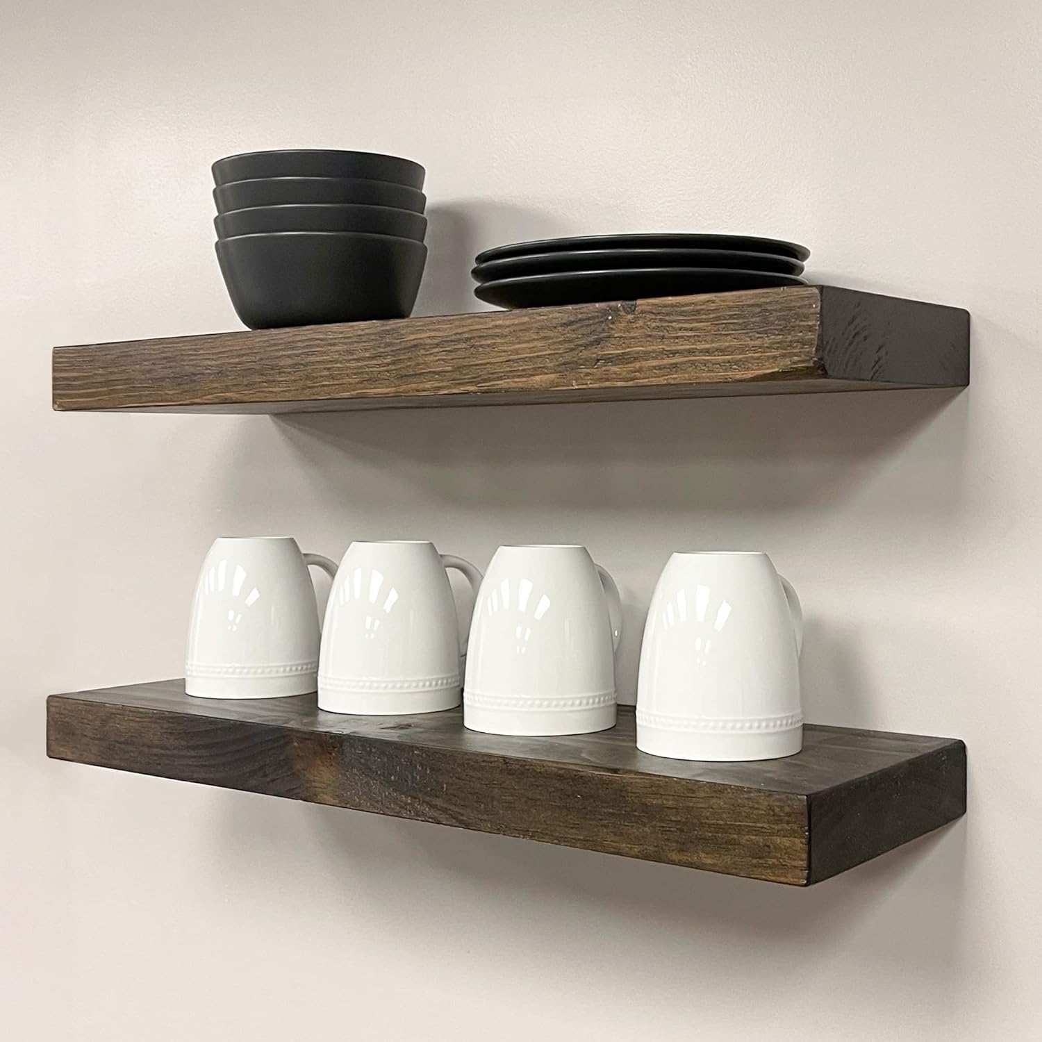 URBANDI, Rustic Floating Shelves, Set of 2, Hidden Bracket, Solid Wood, Heavy Duty, Wall Mounted