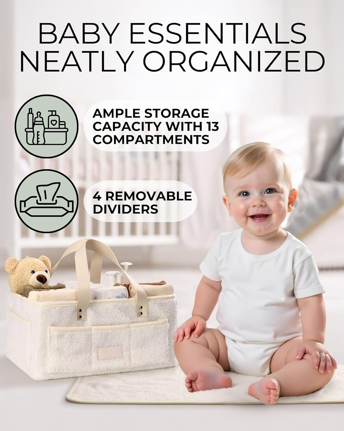 Baby Diaper Caddy Organizer with Portable Changing Mat - Teddy Fleece Diaper Organizer for Changing