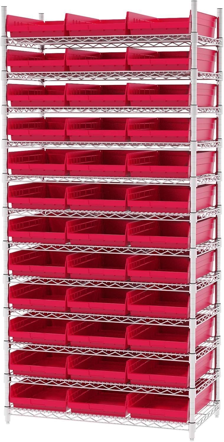 Akro-Mils 30178 Heavy Duty Plastic Shelf Bins, 18"x 11"x 4", Red, 12-Pk