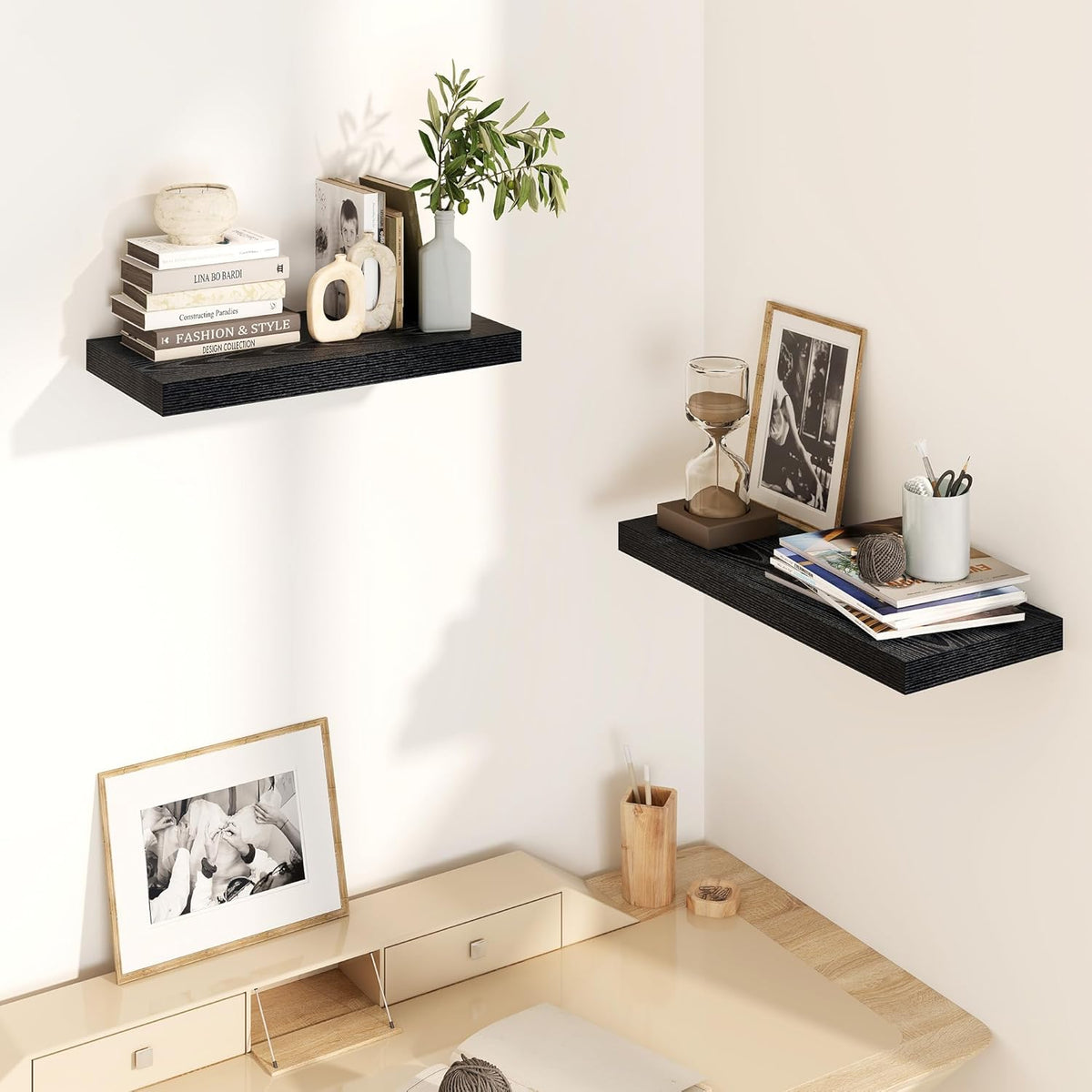 Fun Memories Black Floating Shelves 16 Inch Long, 8 Deep Floating Shelf Wall Mounted, 16 x 8 Inch