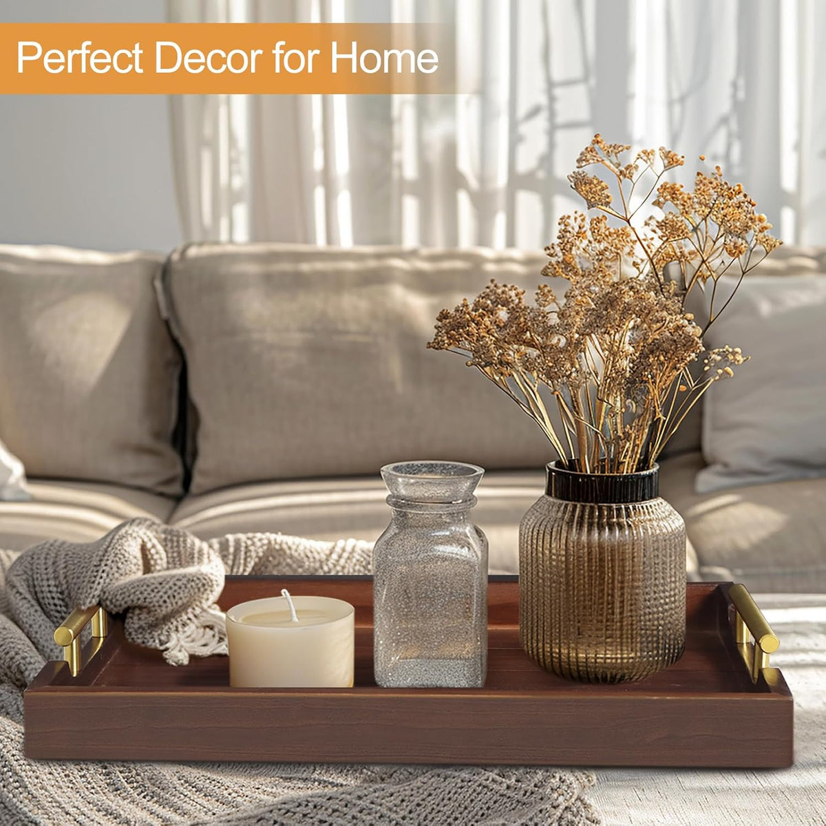 Coffee Table Tray - Large Ottoman Trays for Living Rooms - Wood Serving Tray with Handles(2 Sets)