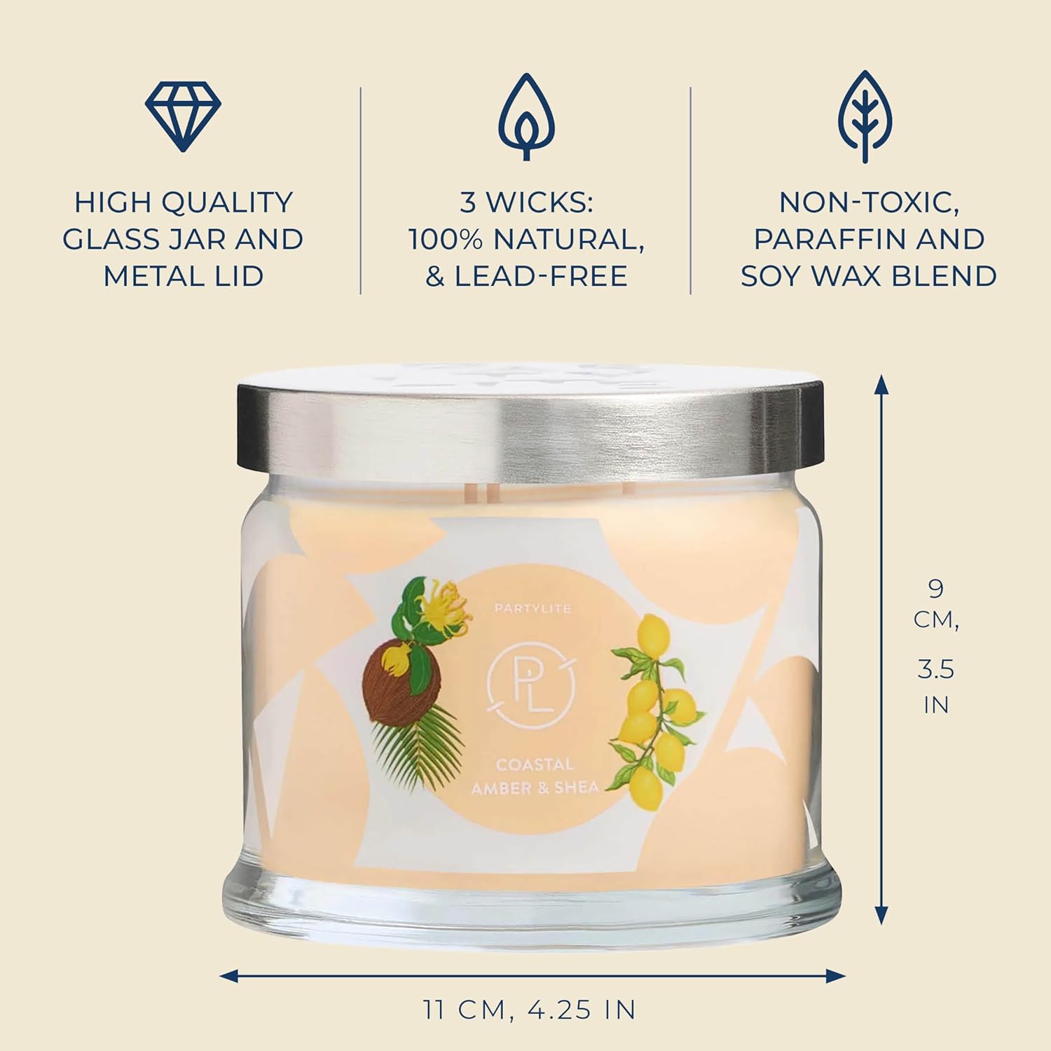 PartyLite Coastal Amber & Shea Scented, Notes of Ylang Flower, Citron, Sweet Coconut & Amber Creme