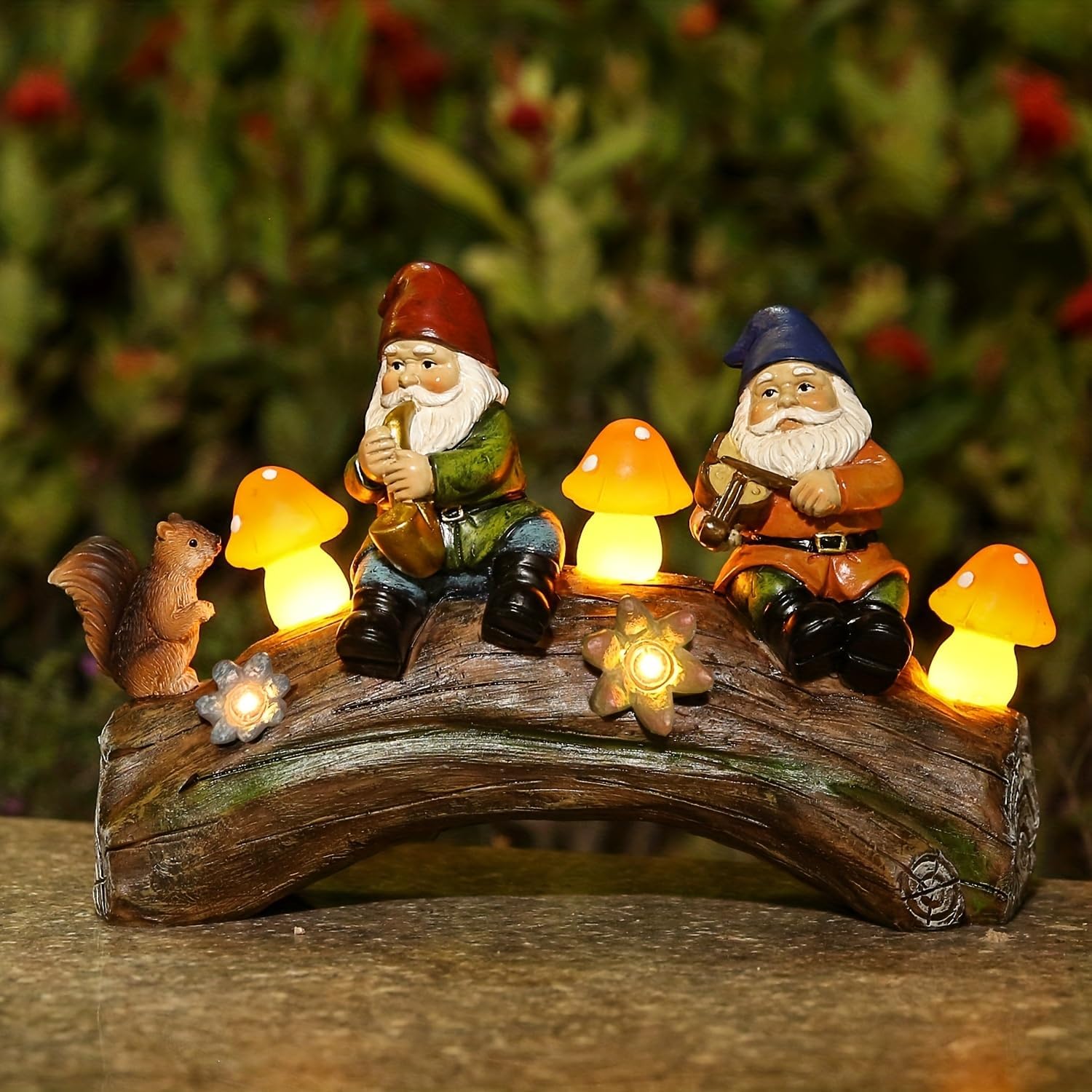 Funny Garden Gnome Statue Solar Powered Mushroom Figurine with Squirrel Gnome Durable Resin Outdoor