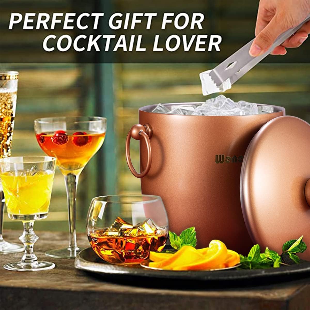 Ice Bucket with Lid, Scoop, Tongs and Strainer - Well Made Insulated Stainless Steel Keep Ice