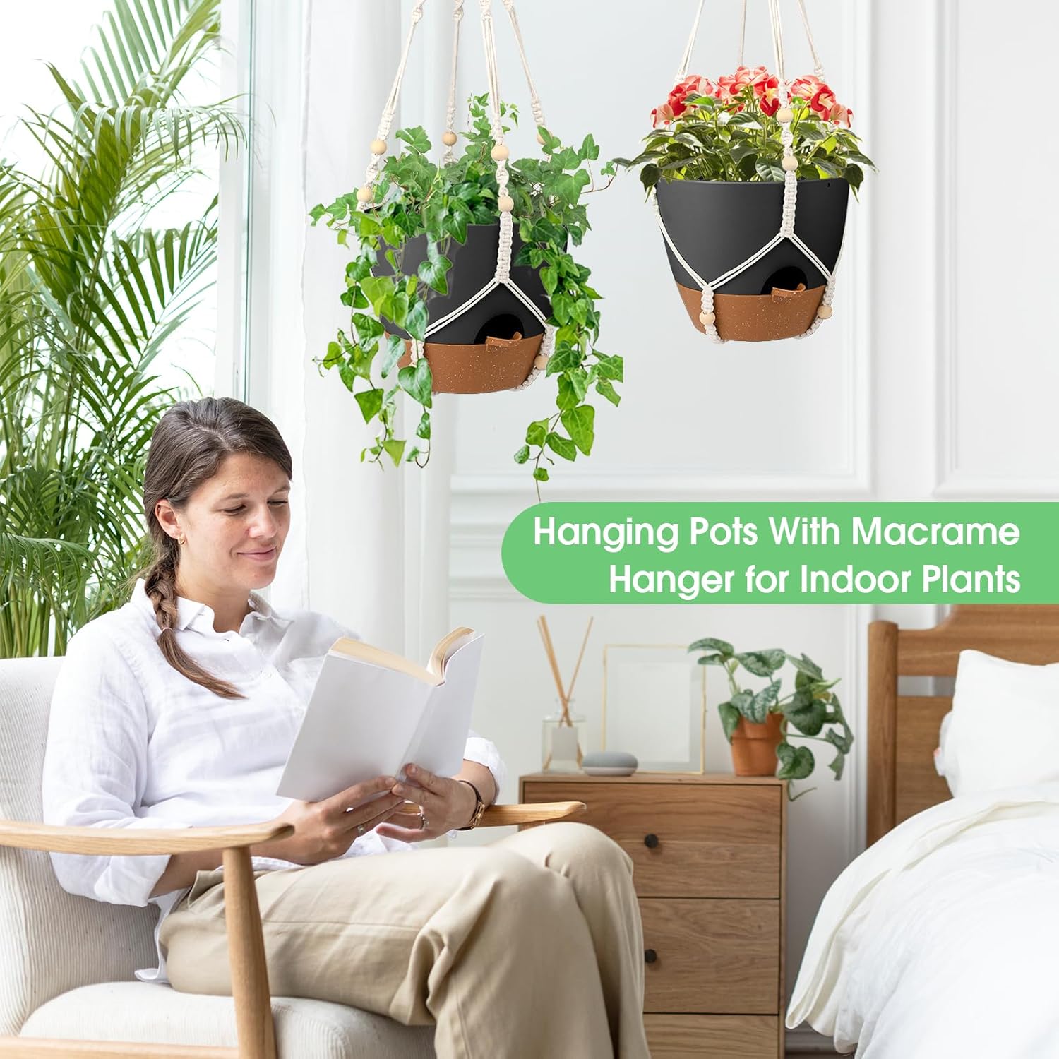 Hanging Planters for Indoor Outdoor Plants, 2 Pack Self Watering Hanging Pot with Drainage Holes