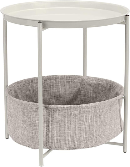Amazon Basics Round Storage End Table, Side Table with Cloth Basket, White/Heather Gray, 17.7"L x