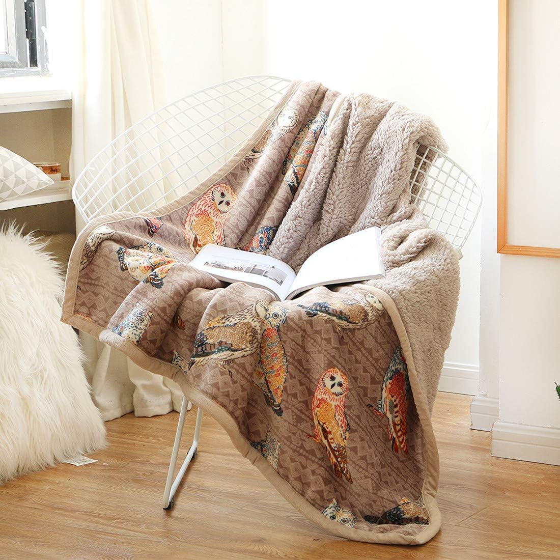 UKELER Flannel Sherpa Throw 80'' x 60''- Cute Colorful Owl Design Soft Plush Flannel Blanket Throws