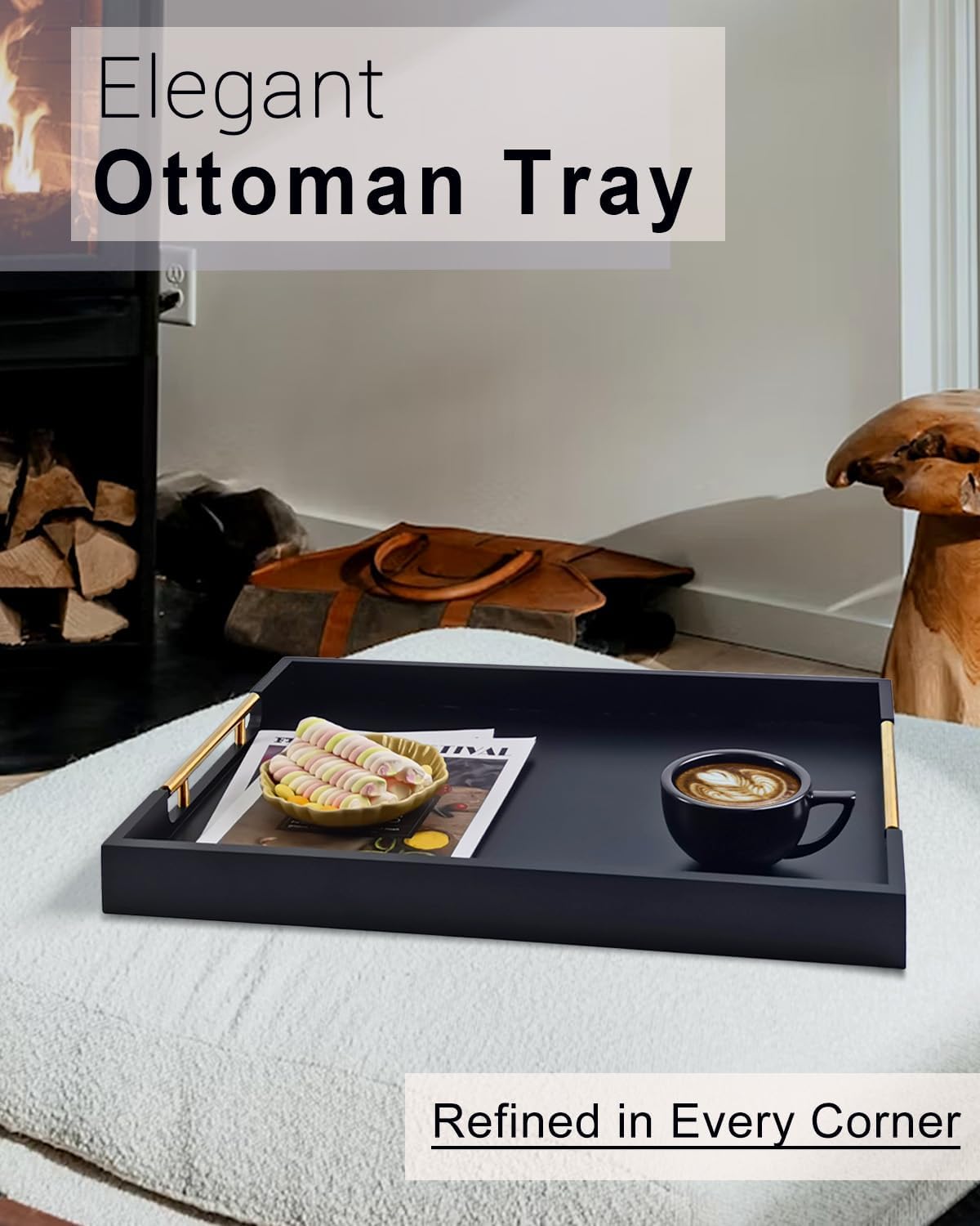 22 Inch Rectangle Black Ottoman Tray with Gold Metal Handles, Extra Large Wooden Serving Tray for