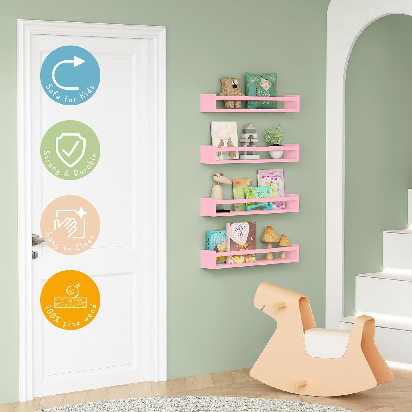 Forbena Large Pink Kids Book Shelves for Girls Room Wall Set of 4, Floating Nursery Book Shelf for