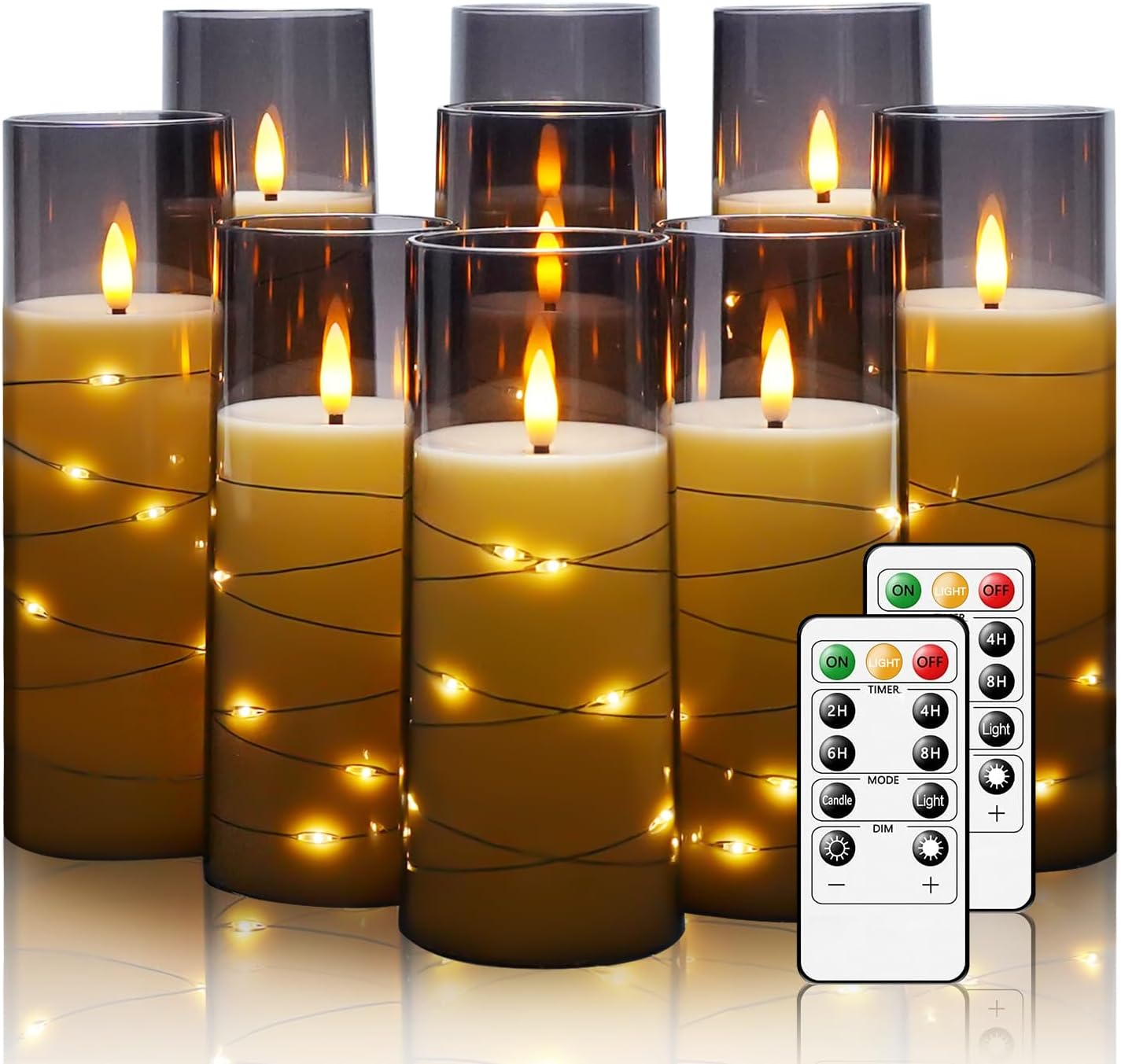 Flickering Flameless LED Candles, 9 Pcs with Embedded Star String, Acrylic LED Pillar Candles with