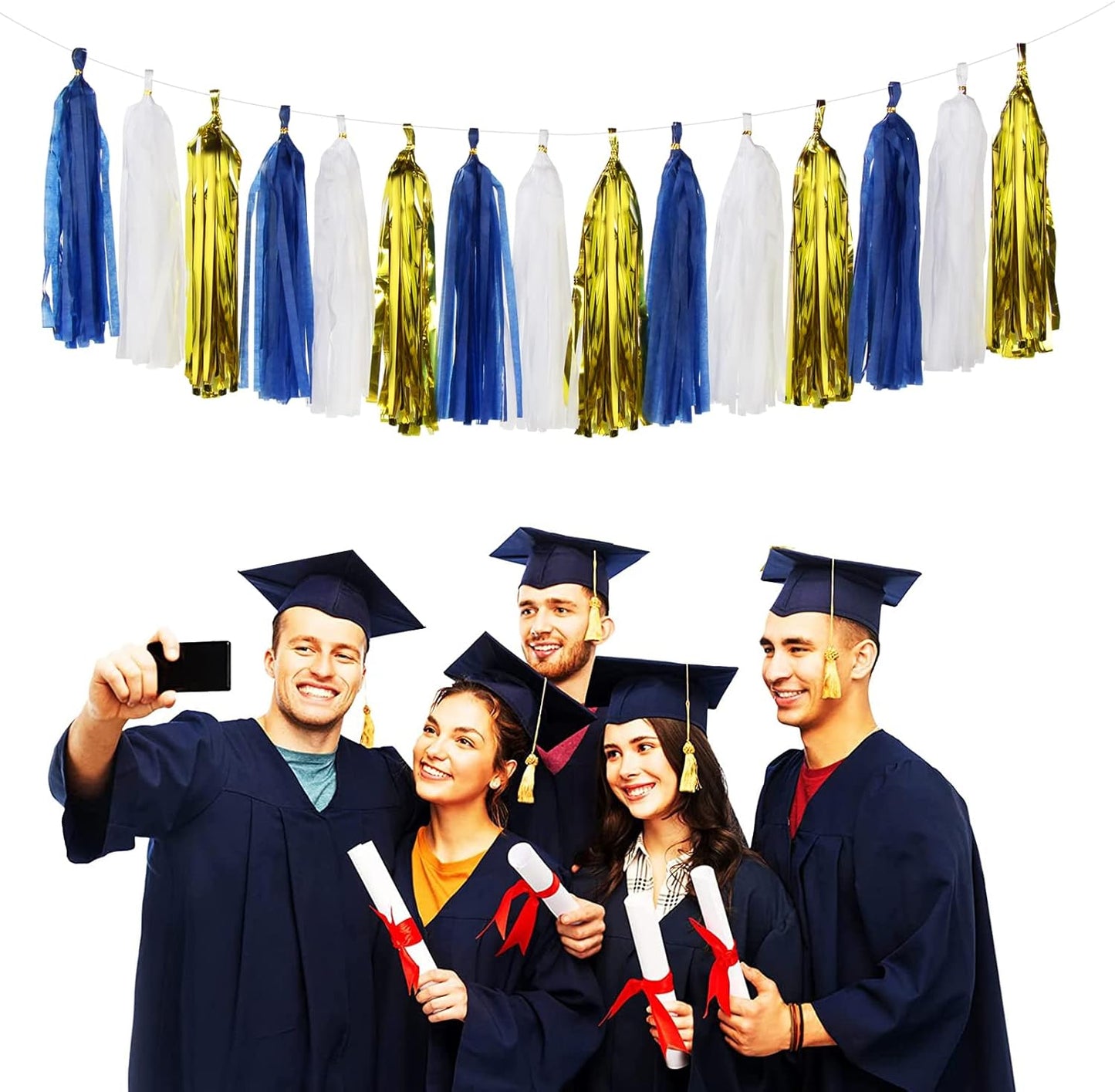 Navy-Blue White-Gold Tassel Garland Streamers- 15pcs Tissue Paper Tassels Banner Party Decorations