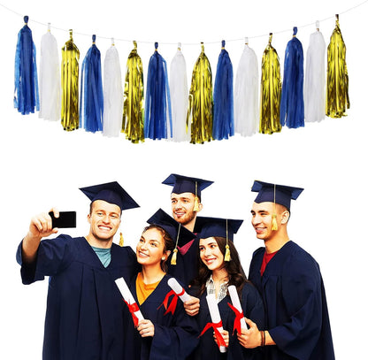 Navy-Blue White-Gold Tassel Garland Streamers- 15pcs Tissue Paper Tassels Banner Party Decorations