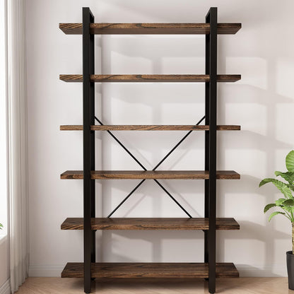 Solid Wood Bookcase and Book Shelves Wood and Metal Shelving Unit 6 Tier Bookshelf Modern Rustic