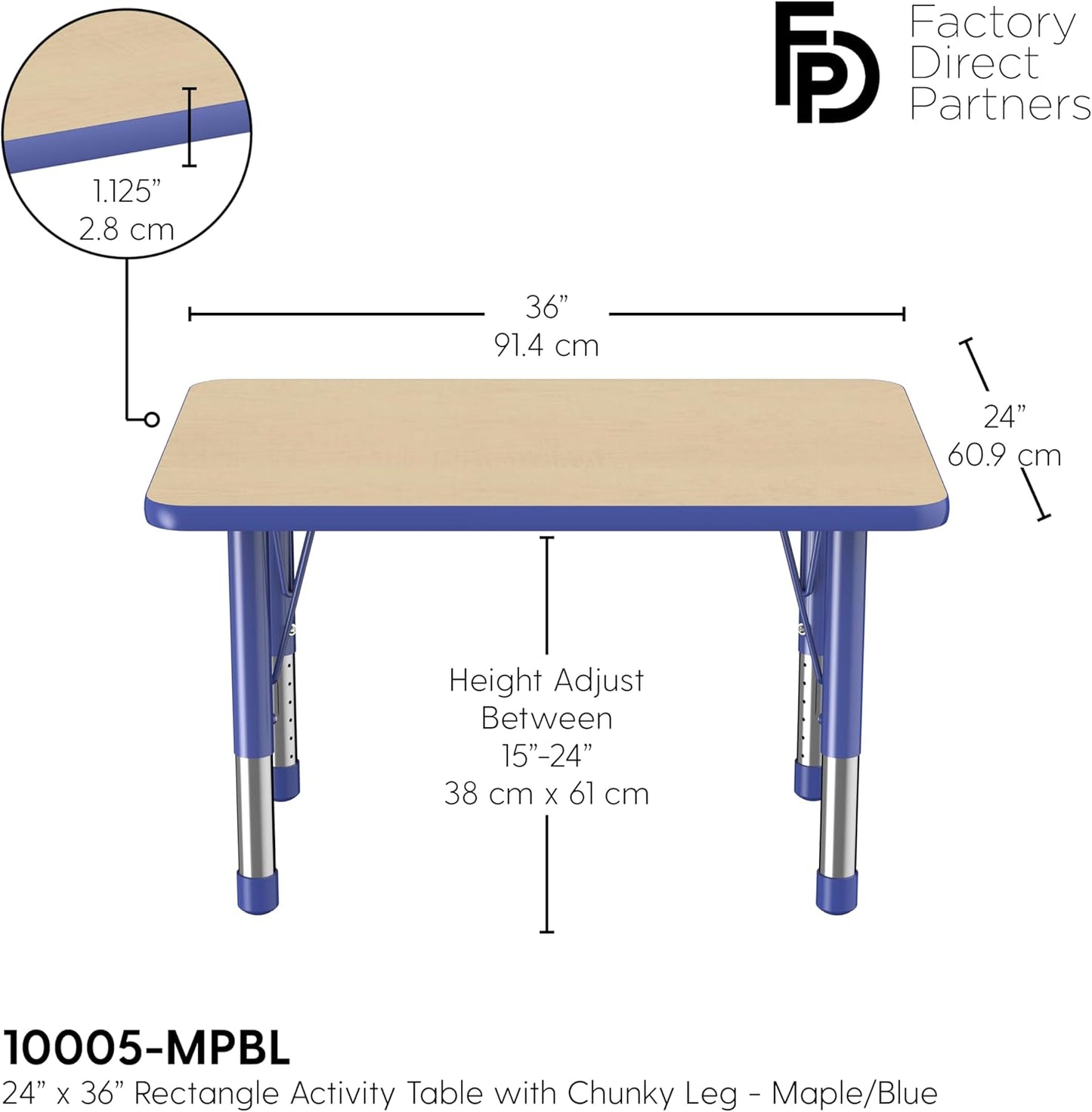 FDP Rectangle Activity School and Classroom Kids Table (24 x 36 inch), Chunky Toddler Leg