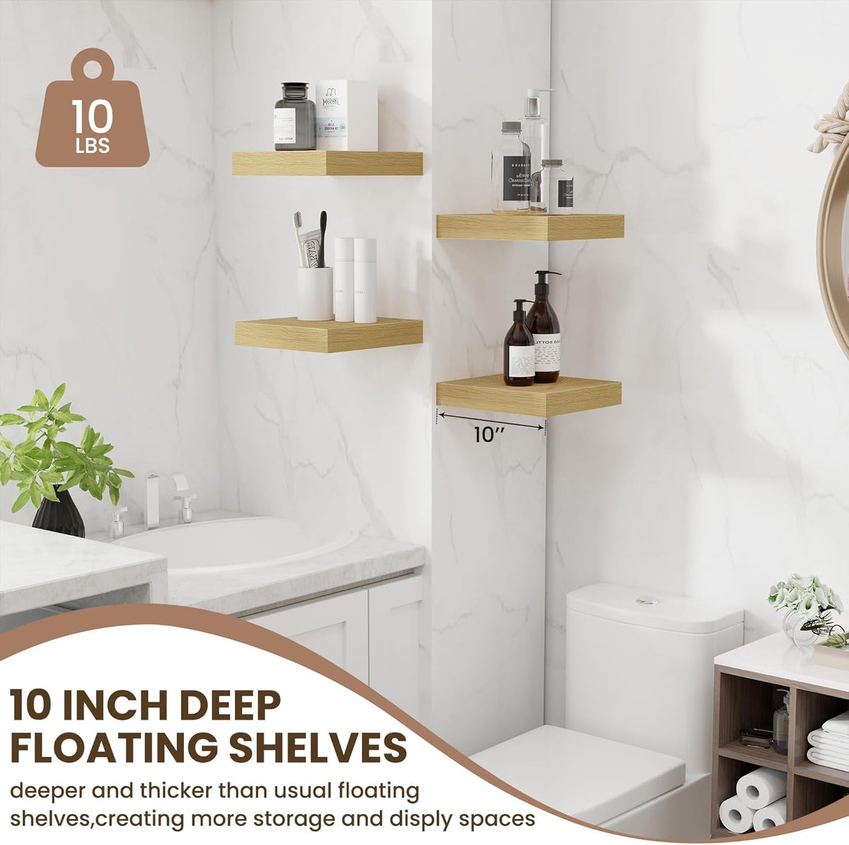 Fun Memories Floating Shelves for Wall - 10" x 10" Wood Shelf with Invisible Bracket - Deep