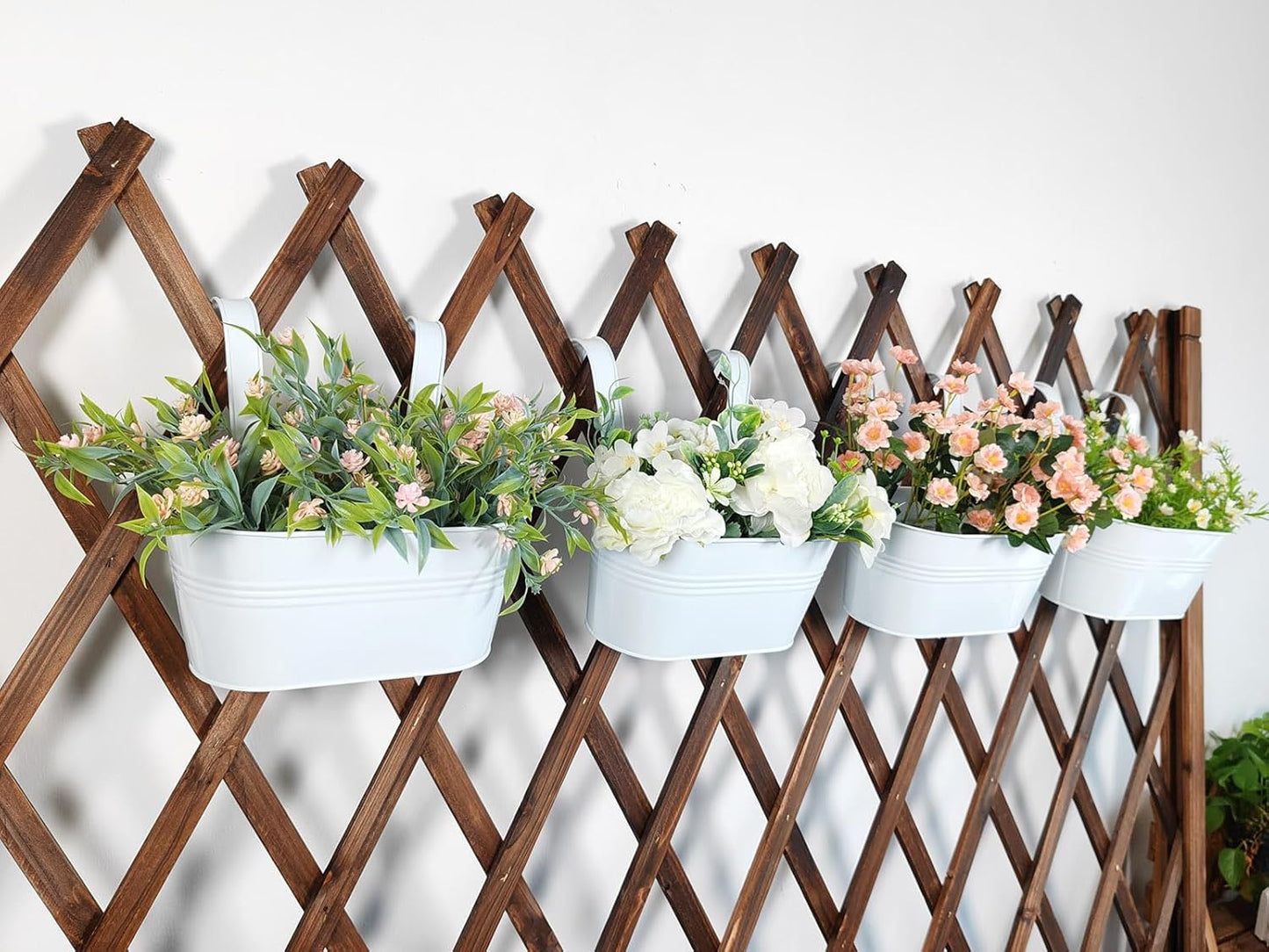 10" Hanging Flower Pots, Pack of 4 White Metal Outdoor Patio Balcony Planter, Railing Planters