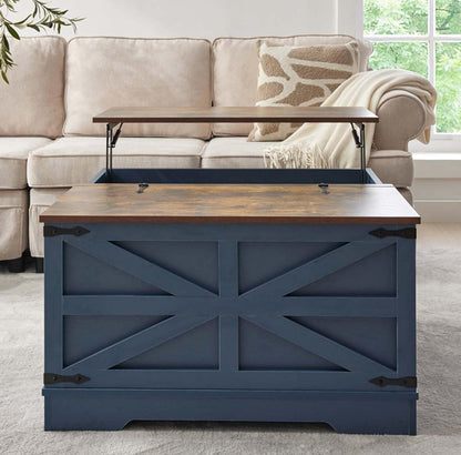 Blue Coffee Table with Storage, Cocktail Table with Hinged Lift Top, Farmhouse Square Wood Center