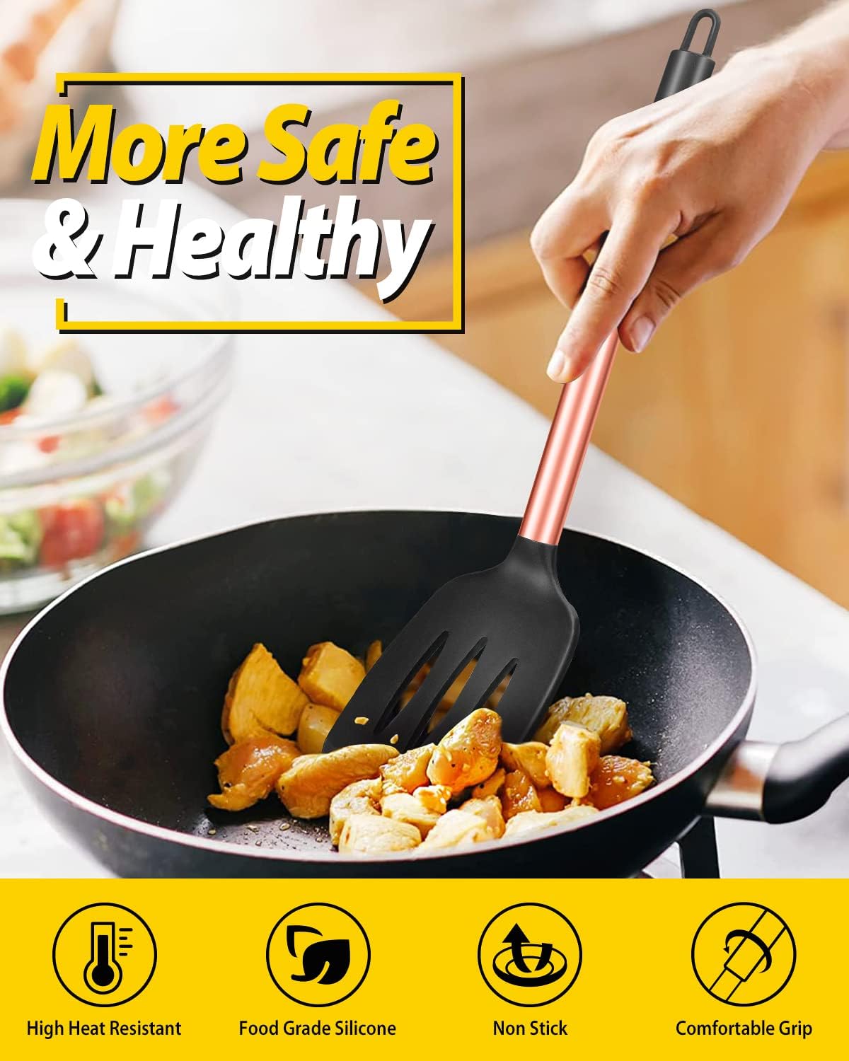 Pack of 2 Silicone Solid Turner, Non Stick Slotted Kitchen Spatulas, High Heat Resistant BPA Free