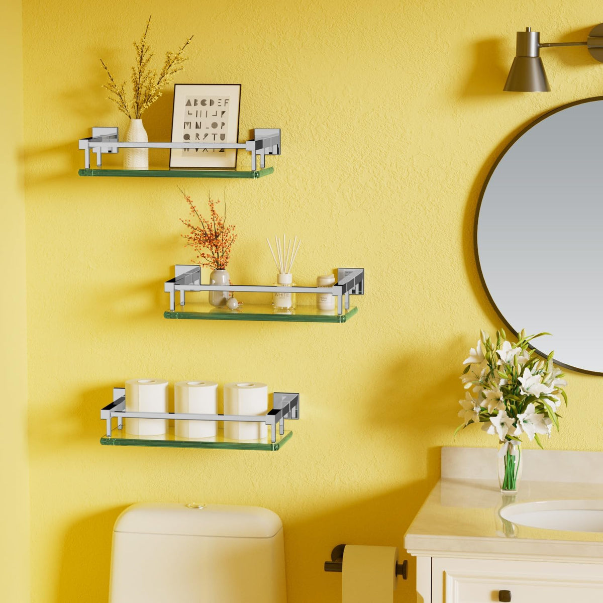 Alise Bathroom Glass Shelf with Stainless Steel Railing, Polished Chrome Small Tempered Glass