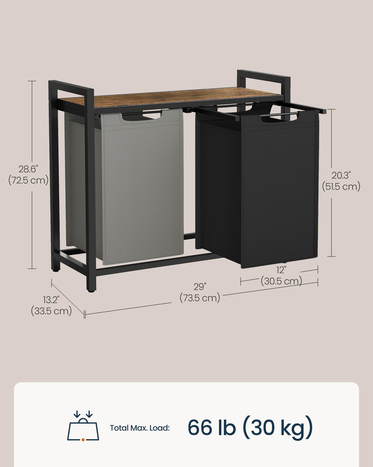 SONGMICS HOME Laundry Basket Sorter with Storage Shelf, Laundry Hamper with Metal Frame, 2 x 12.1