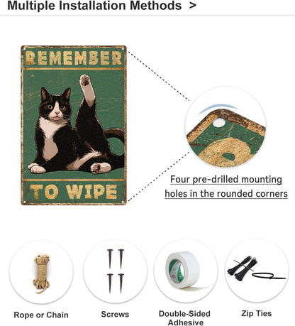 ALKB Bathroom Tuxedo Cat Sign - Remember to Wipe - Cat Lover Gift 8x12 Inch Vintage Metal Sign for
