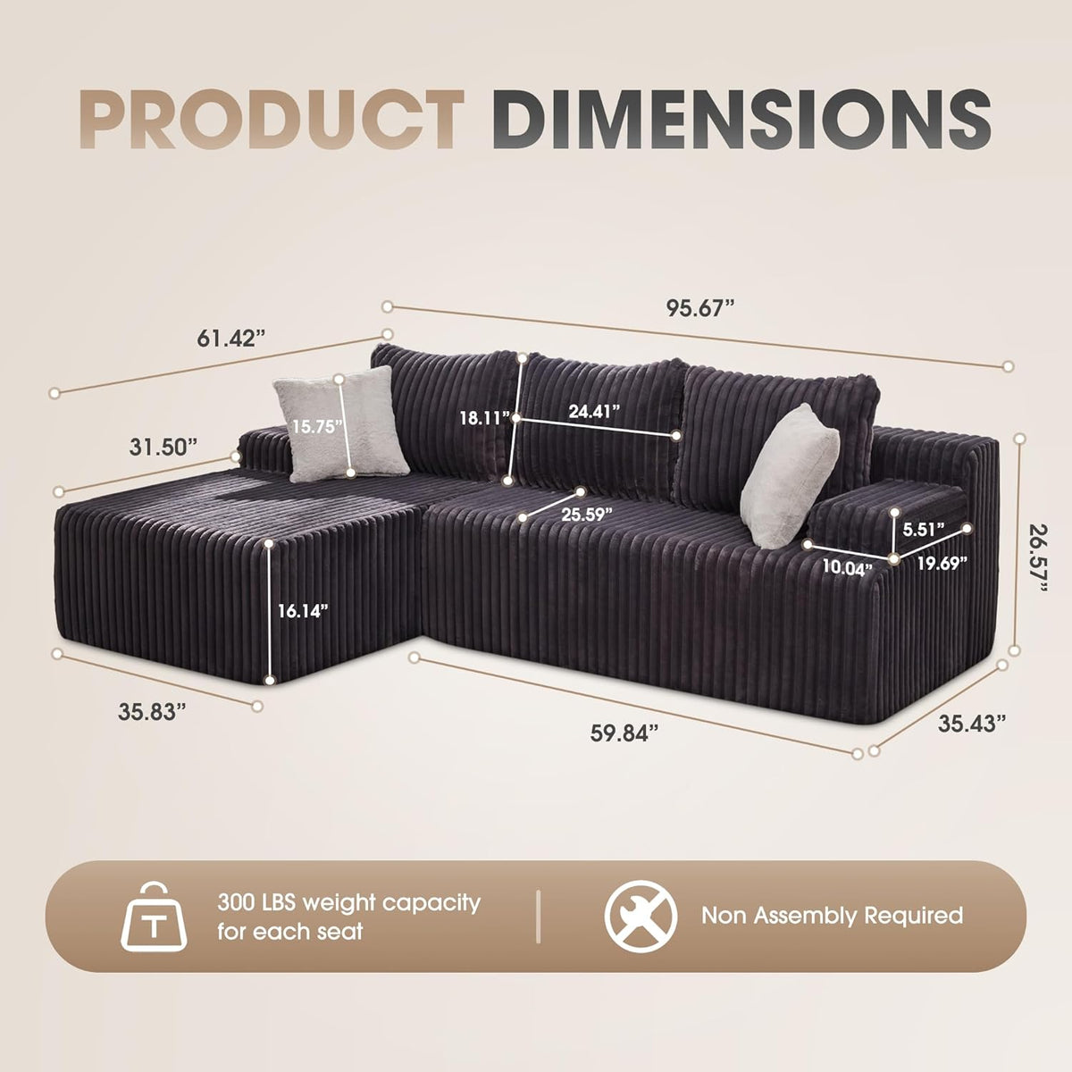 Hobestluk 96“ Modular Sectional Sofa Couches L-Shape Couch 3 Seat Modular Sofa Memory Foam
